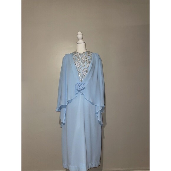Jovani Dresses & Skirts - Jovani Light Blue Chiffon Capelet Gown Silver Lace Bodice Formal Size 14